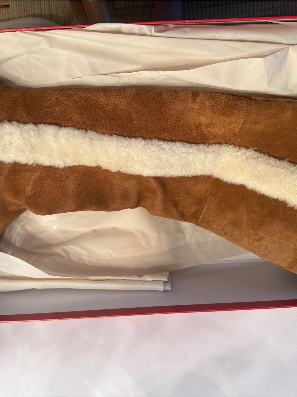 STAUD Chestnut Over-the-Knee Suede Boots with Cream Shearling Trim